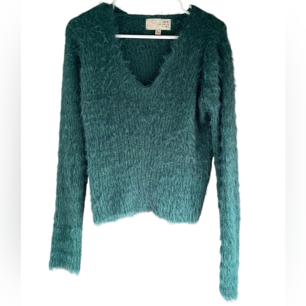 JOA V neck Pullover Teddy Eyelash Fuzzy Sweater